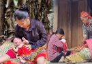 giving birth to a baby in the forest, taking banana cores to cook